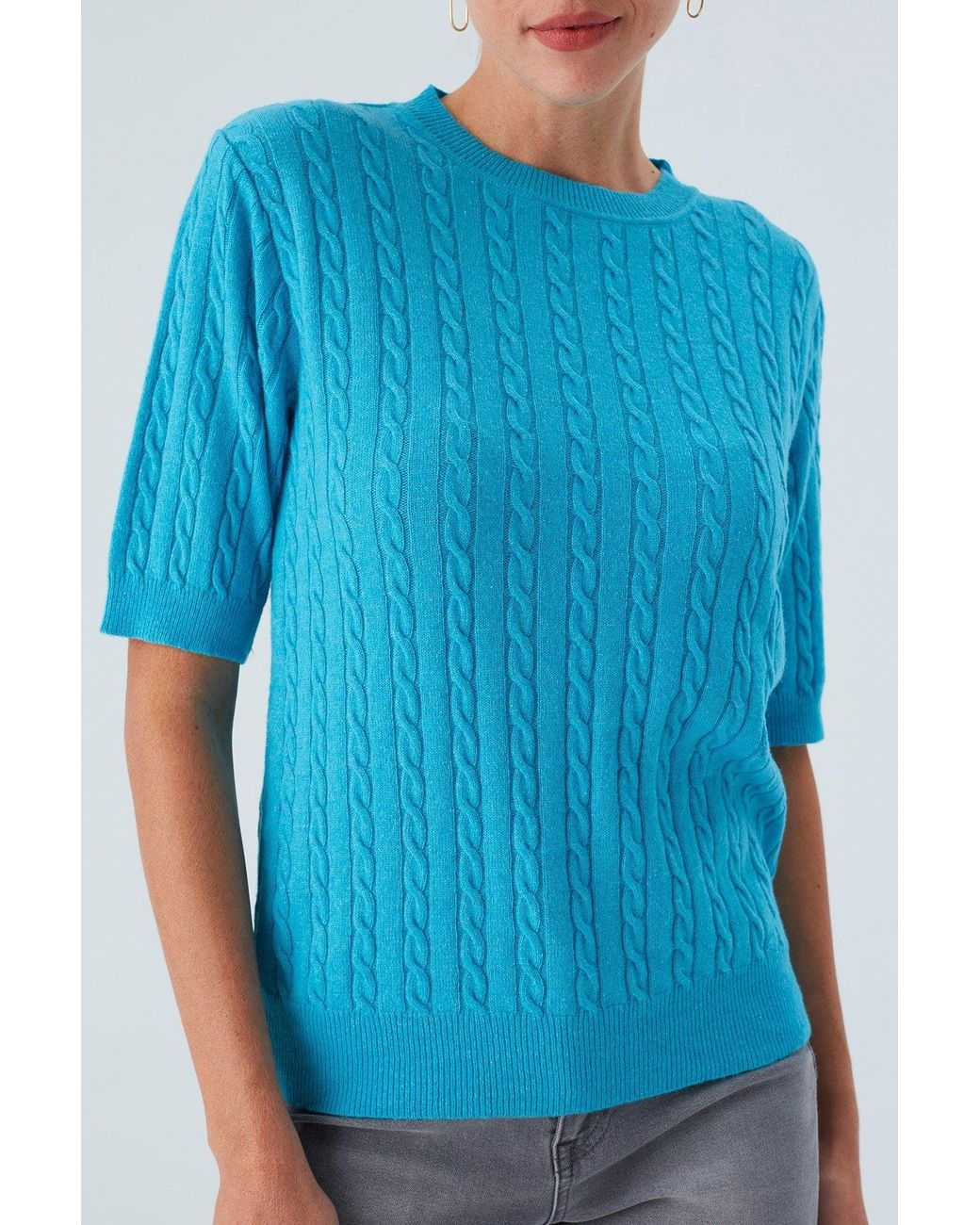 Peraluna Blue Nicole Cable Knit Cashmere Blend Short Sleeve Blouse