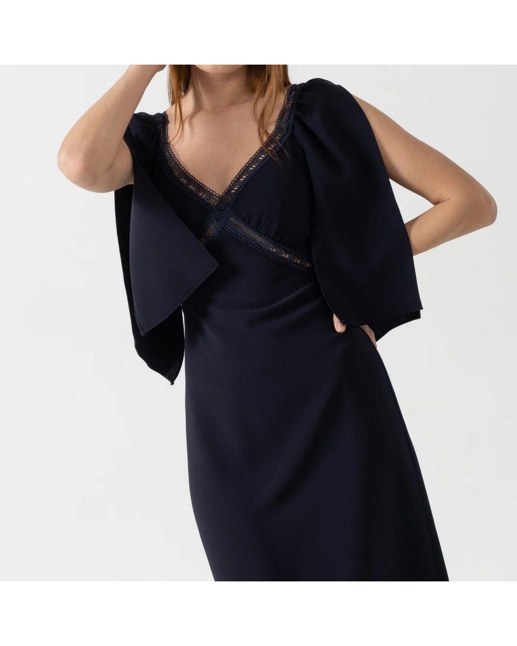 IZABELA MANDOIU Black Elegant Midi Dress With Lace Details And Cape Sleeves
