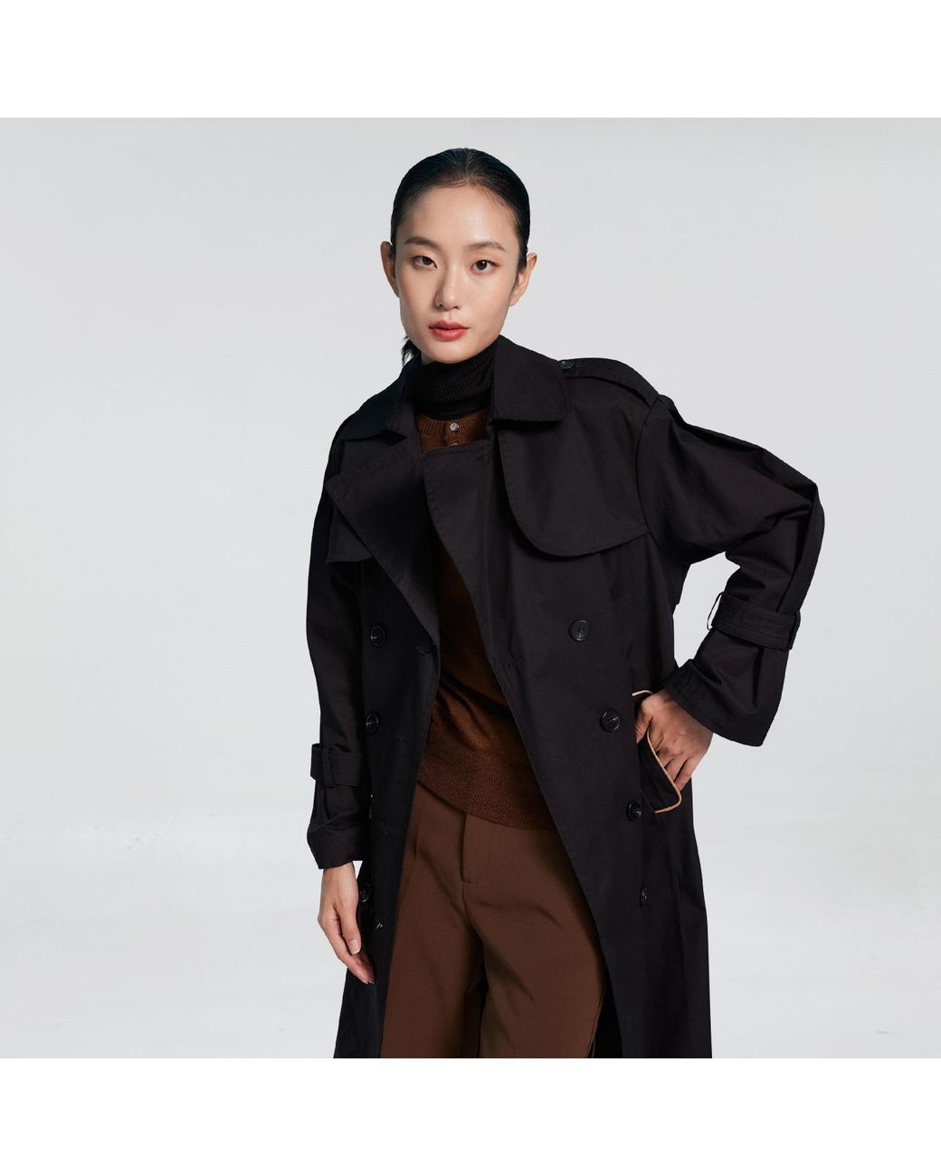 Smart and Joy Black Trench With Contrasting Belt