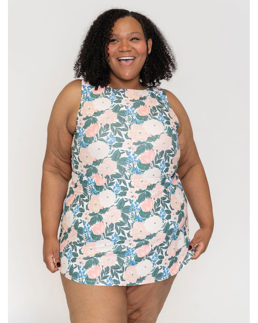 Lime Ricki Swimwear Blue Bouquet Boat-Neck Swim Dress