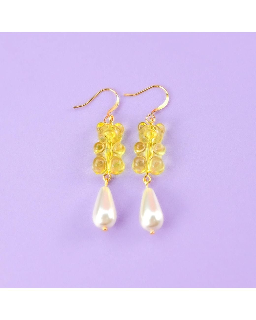 By Chavelli Yellow Gummy Bear Pearl Drop Dangly Earrings