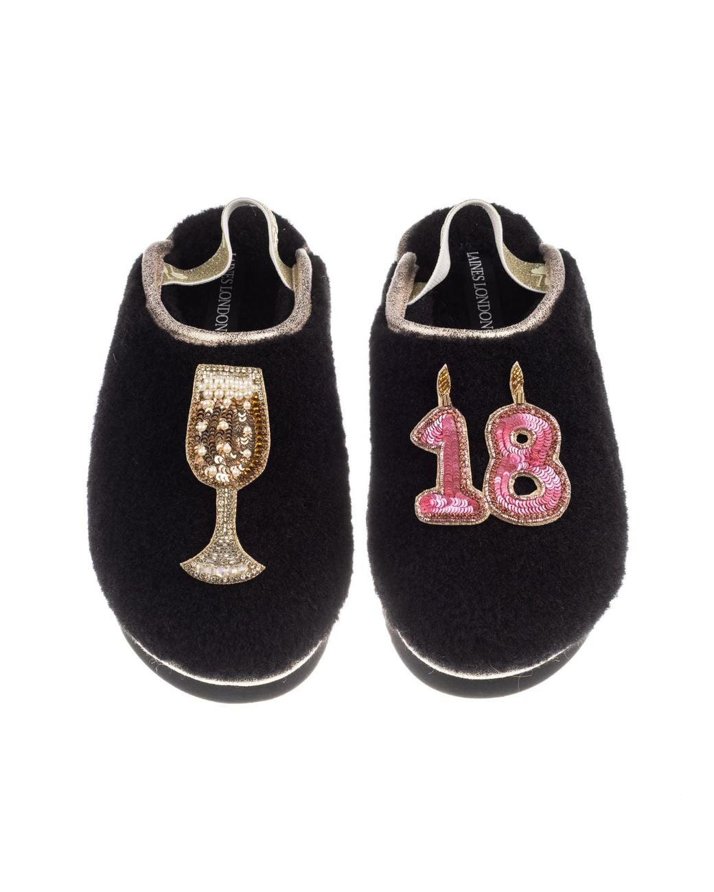 Laines London Black Flatform Cloud Closed Toe Slippers With 18Th Birthday & Champagne Glass Brooches
