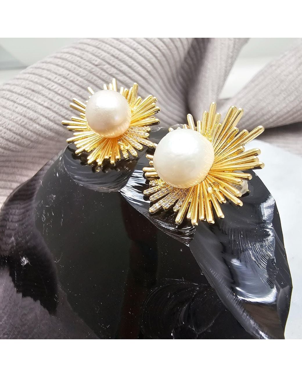 Farra Metallic Tone Freshwater Pearl Sunburst Statement Stud Earrings