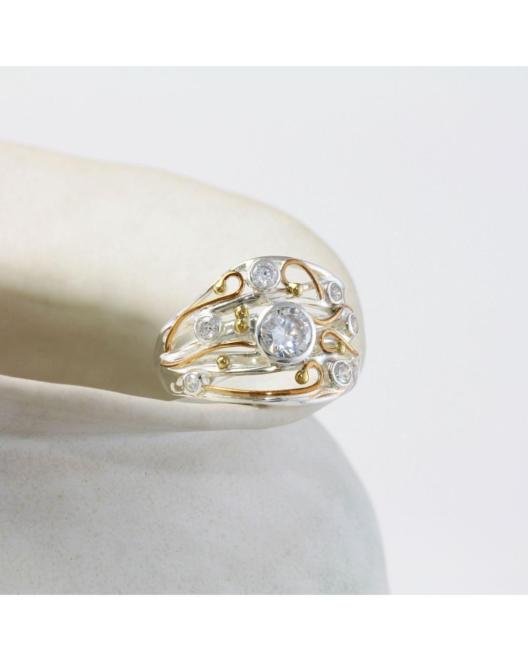 Isla Silver Metallic Statement Ring Set With Clear Quartz & Zirconia
