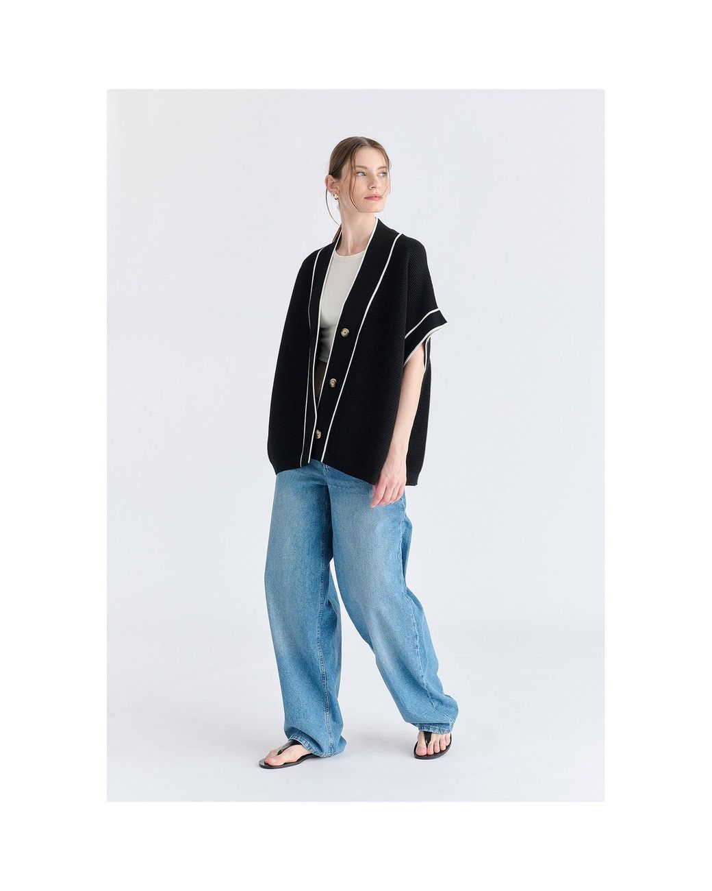 Paisie Black Button Details Kimono Ribbed Cardigan