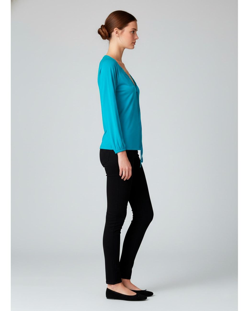 Conquista Blue Deep V-Neck Top With Front Tie & Embroidered Detail