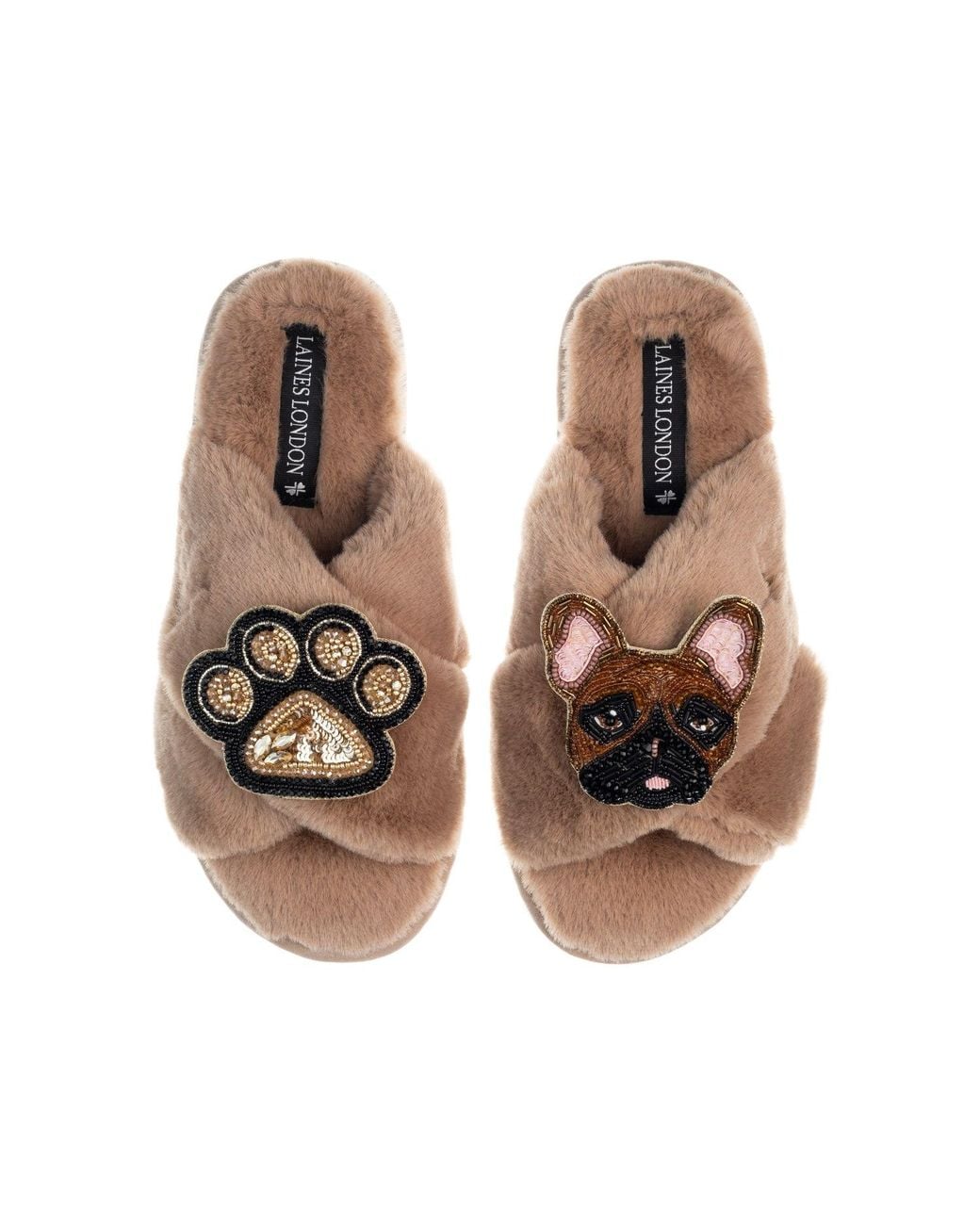 Laines London Brown Classic Laines Slippers With Cookie The Frenchie & Paw Brooches