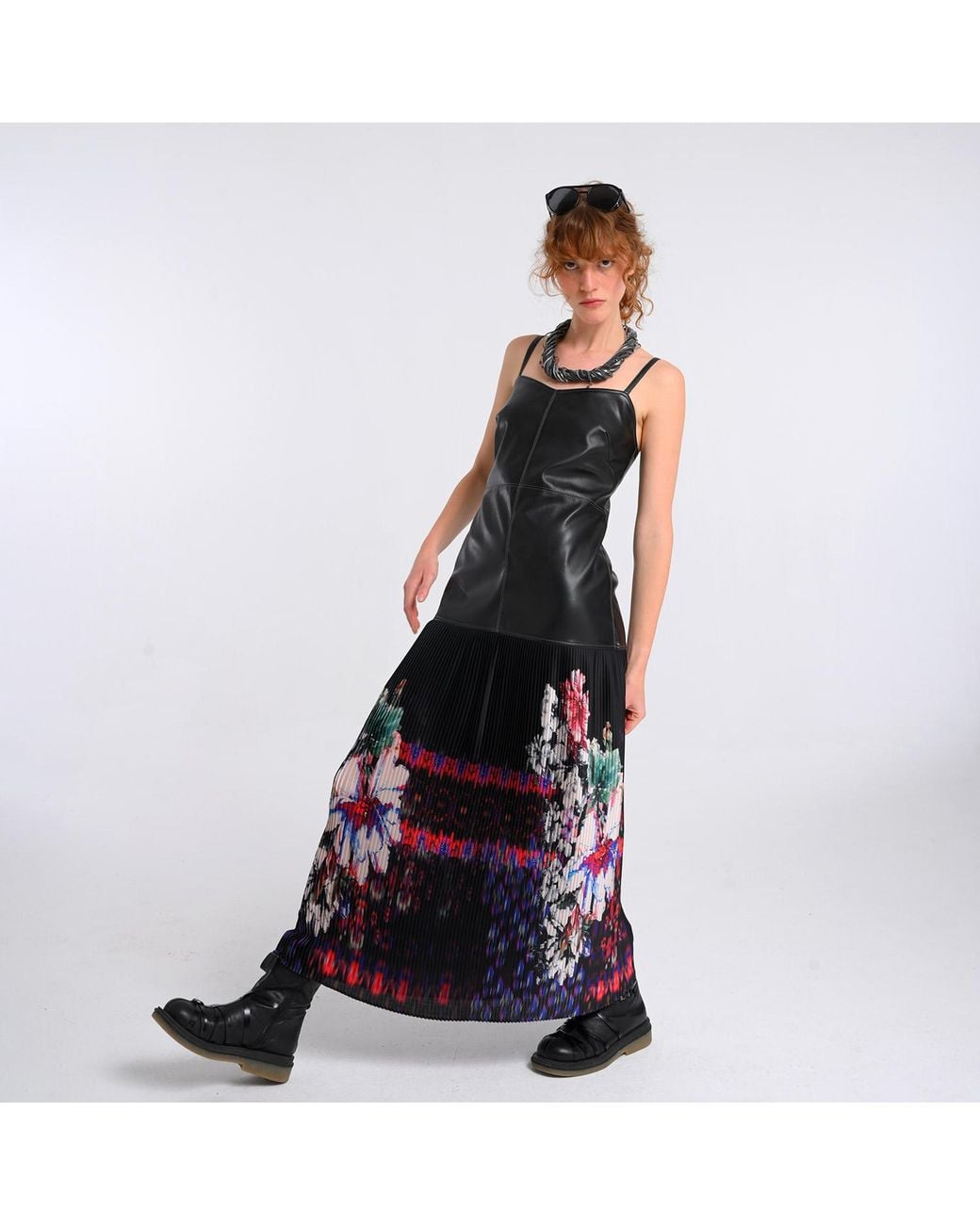 Lalipop Design Black Vegan Leather Maxi Dress With Pleated Skirt