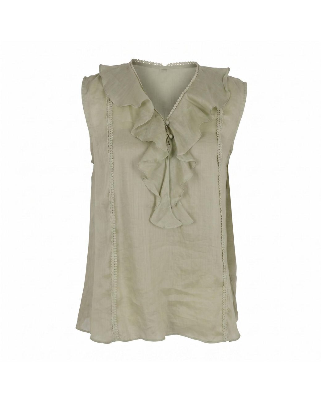 Modenaire Green Sleeveless Ruffle Front Blouse With Lace Inset Trim And V Neckline