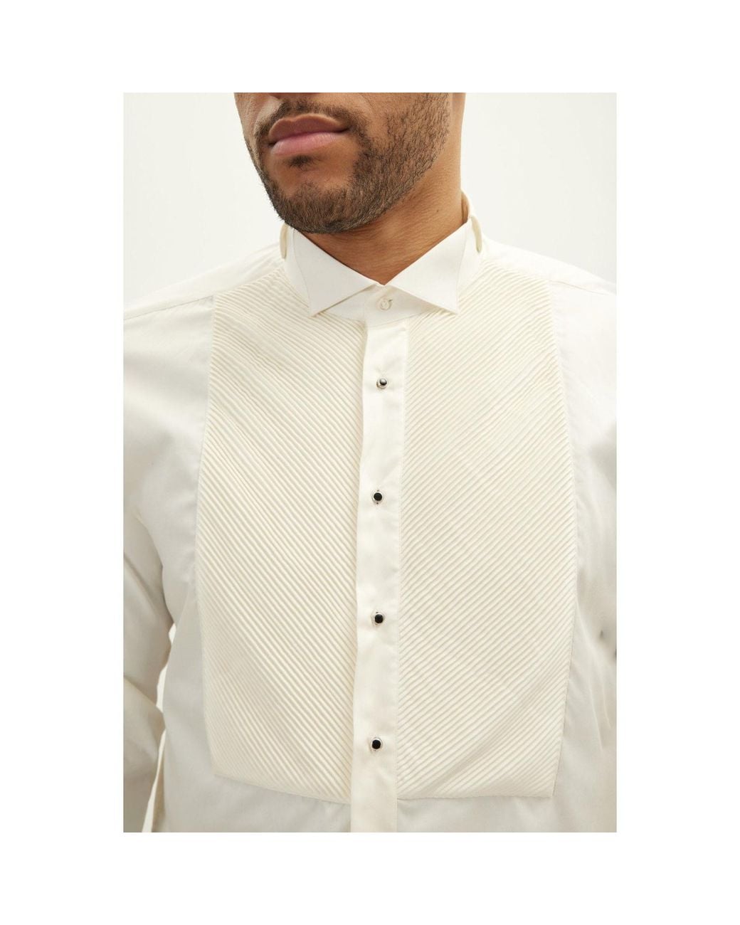 Ron Tomson White Neutrals Diagonal Pleated Wing Tip Collar Shirt for men