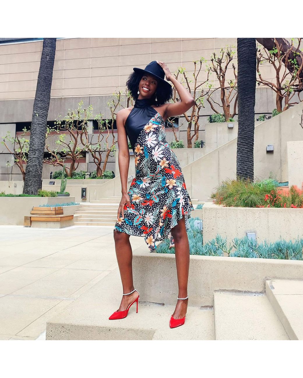 Solgo Atelier Blue Yera Sleevless Floral Printed Silk Midi Dress With Contrasting Gathered Mock Neck And Stylized Side Ruffle Slit