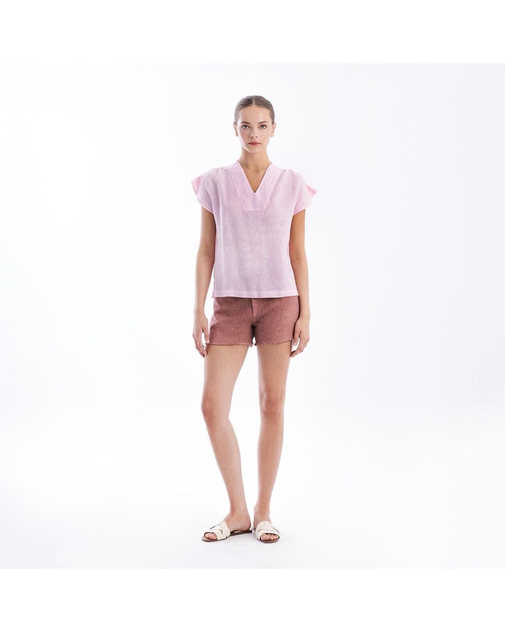 Haris Cotton Pink Linen V-Neck Blouse With Short Flutter Sleeves Powder