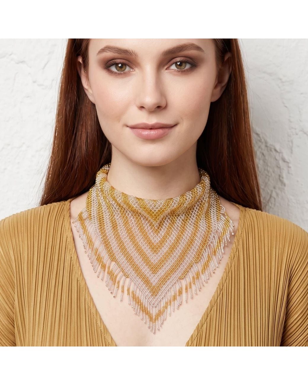 Iliana Arrazola Metallic Scarf Fringe Necklace, Glass Beads, Beaded Jewelry