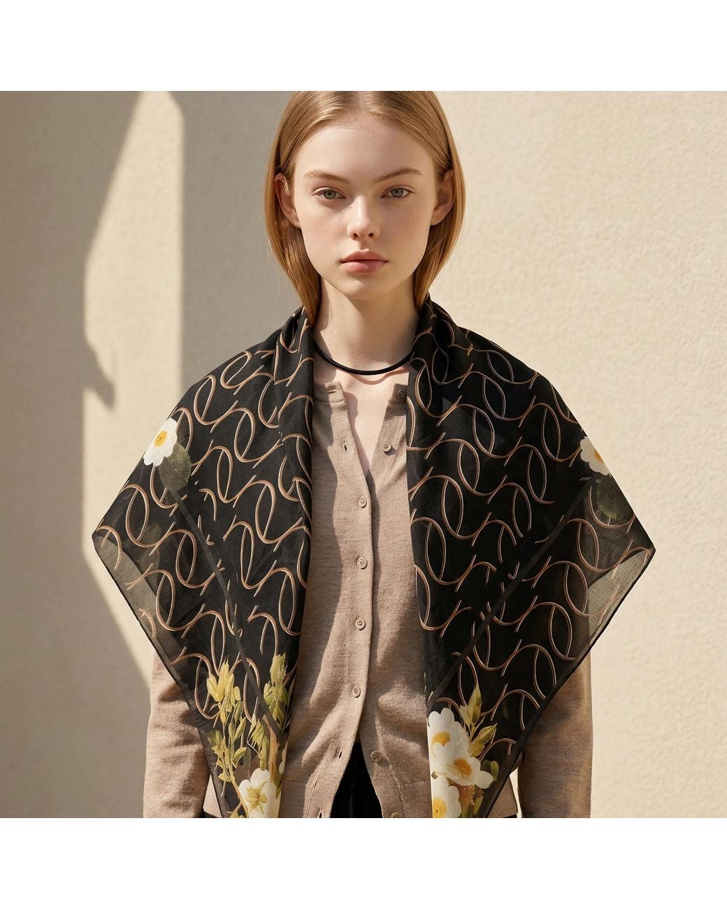 Ana Maison Blue Sophisticated Linework Bloom Silk Wool Scarf