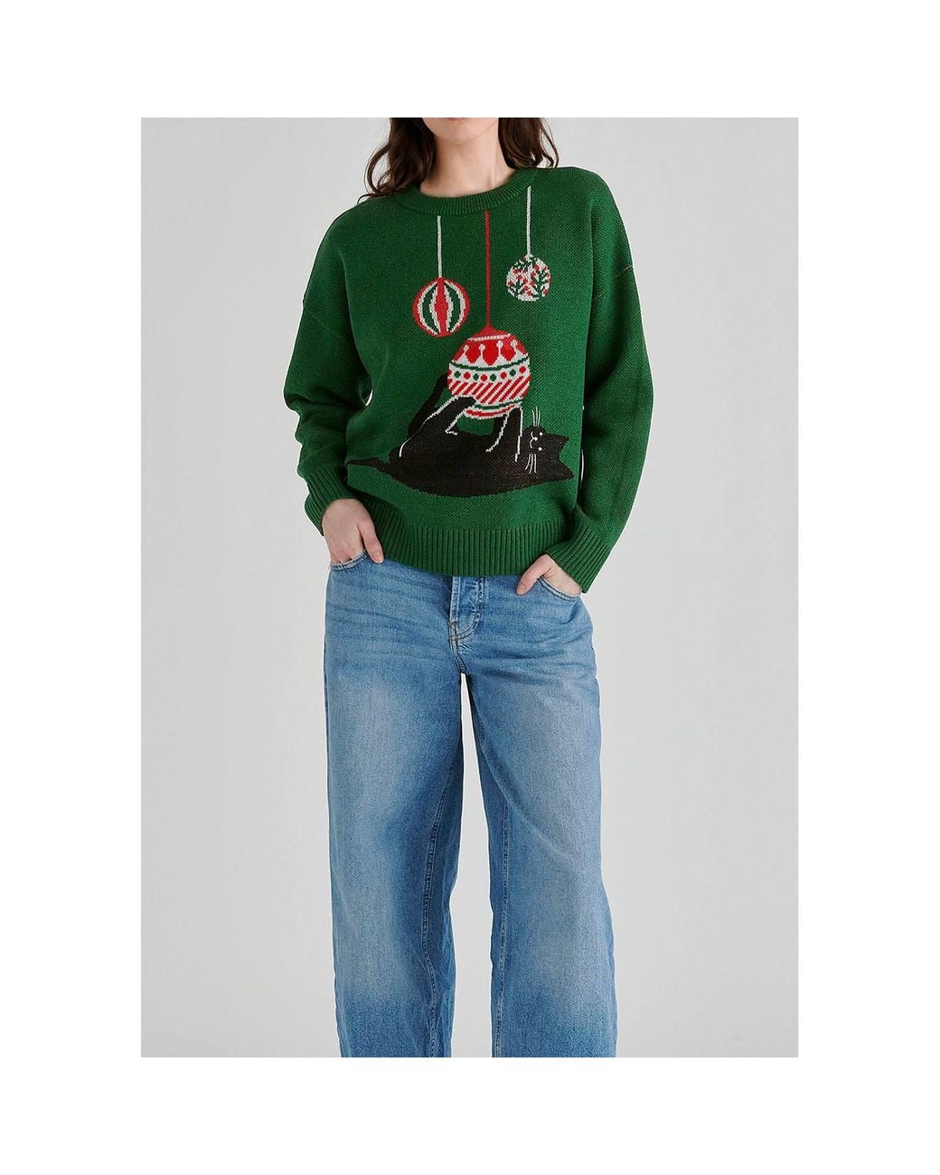 Paisie Green Christmas Jumper With Cat And Baubles