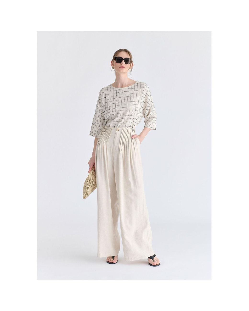 Paisie White Neutrals Front Pleats Detail Wide Leg Trousers
