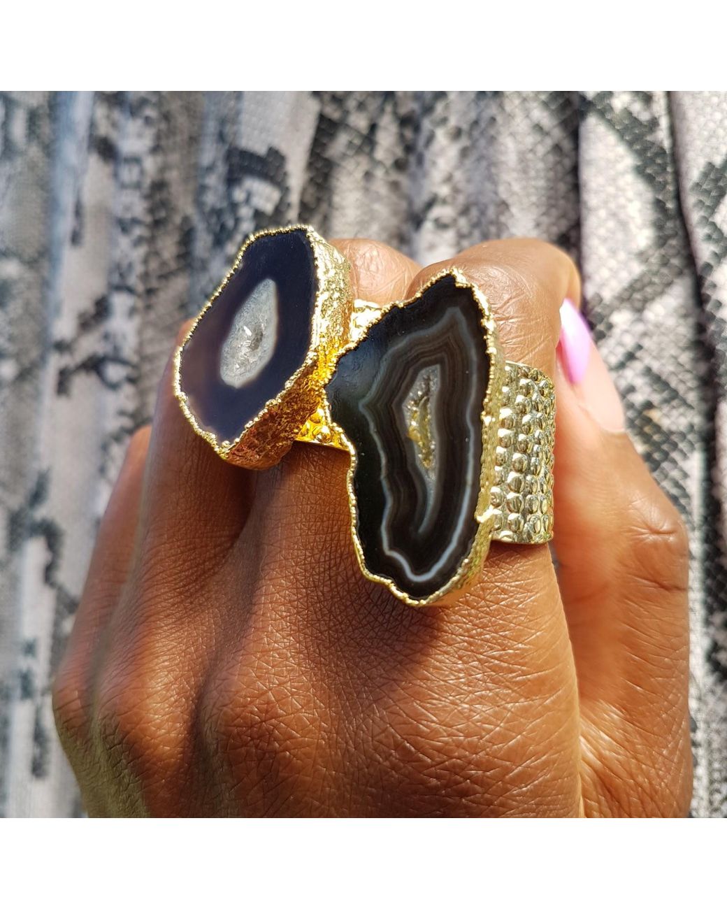 YAA YAA LONDON Black Mega Gemstone Gold Statement Ring