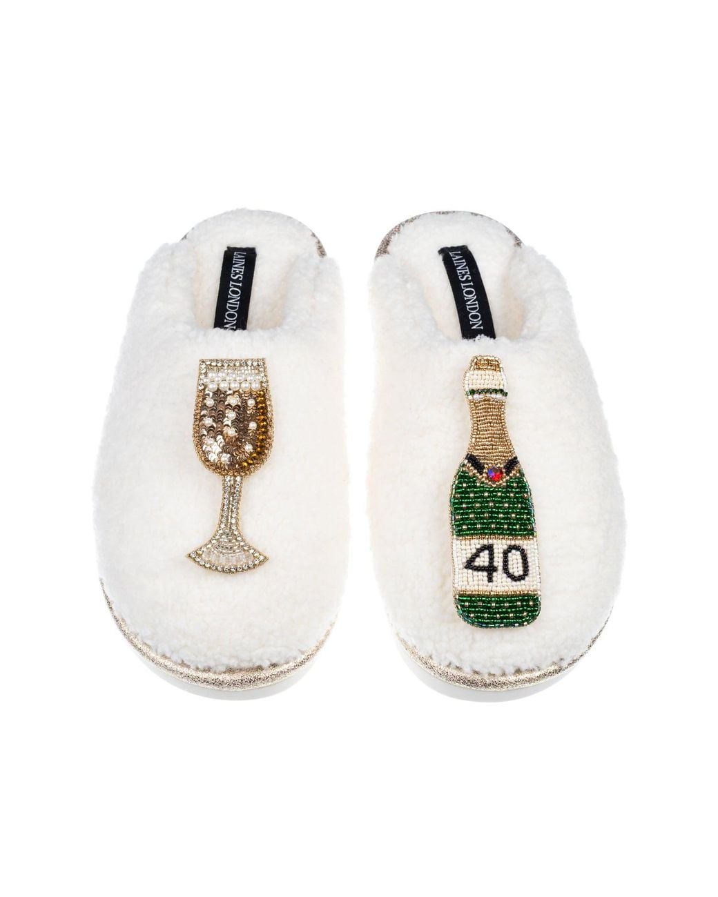 Laines London White Neutrals Teddy Closed Toe Slippers With 40Th Champers Bottle & Glass Brooches
