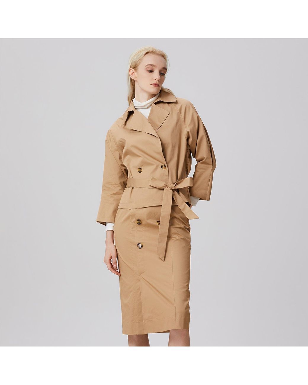 Smart and Joy Natural Double-Breasted Cotton Trench Jacket