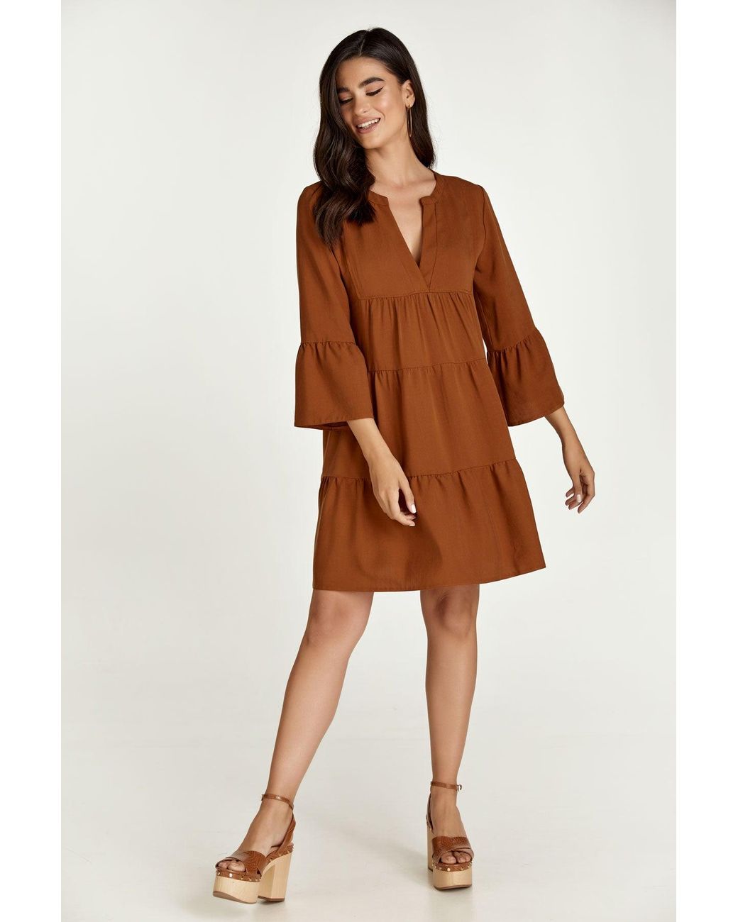 Conquista Brown Chocolate Tencel Gathered Seams Dress
