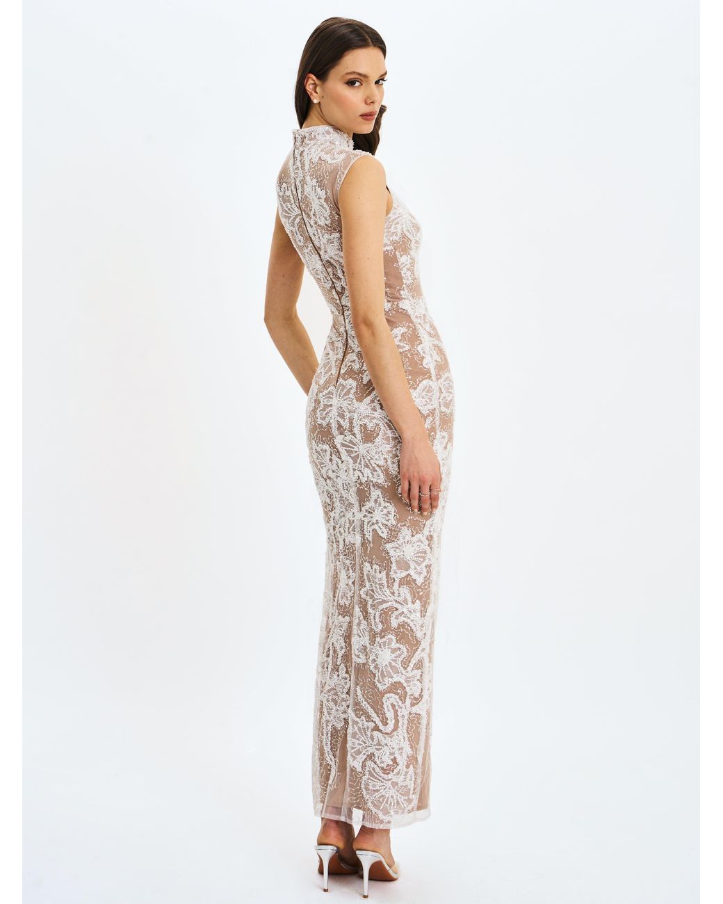 Miss Circle New York Gray Tavia Beaded Teardrop Neckline Maxi Dress