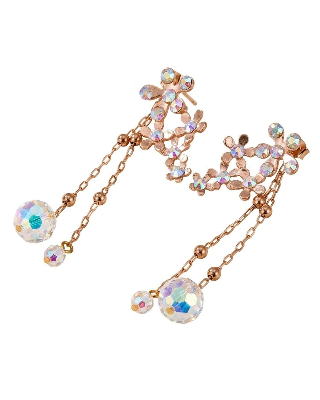 Modenaire Pink Crystal Flower Drop Earrings With Dangle Chains