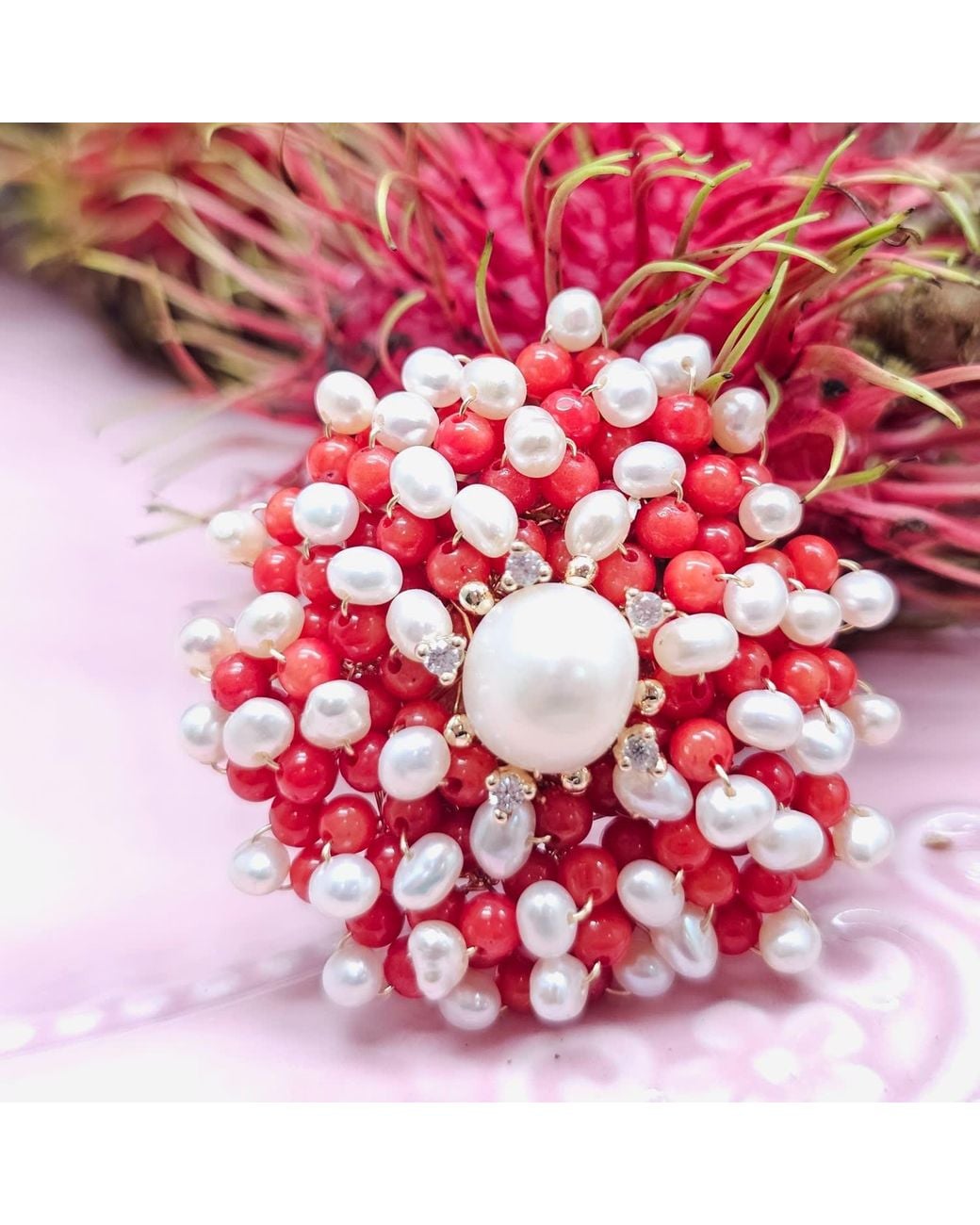 Farra Red Flower Handcrafted Bamboo Coral And Freshwater Pearl Brooch