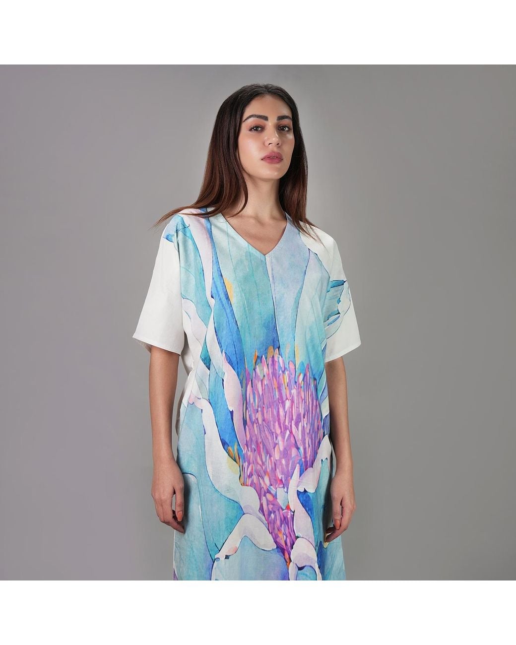DHARA SHETH DUBAI Blue Fleur Watercolour Floral Long Dress