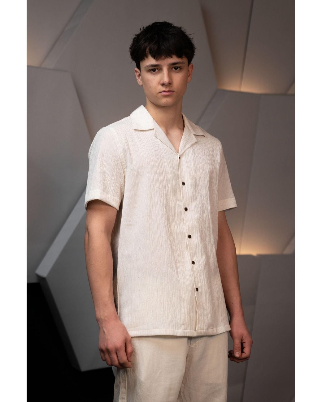 Stovaria Natural Camp Collar Half Sleeve Crushed Cotton Shirt With Coconut Shell Buttons for men