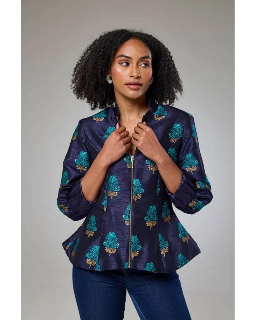 Lioness by Tf Blue Aquamarine Embroidered Raw Silk Fitted Jacket Blouse