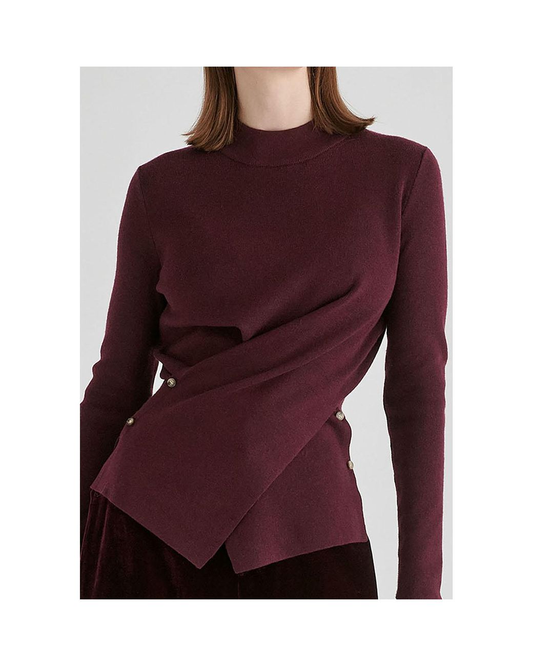 Paisie Purple Wrap Front Knit Top With Mock Neck And Button Detail