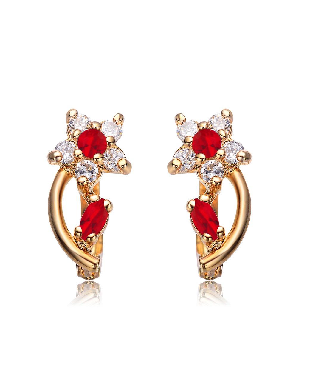 Genevive Jewelry Red Sterling Plated Ruby Cubic Zirconia Flower Huggie Earrings