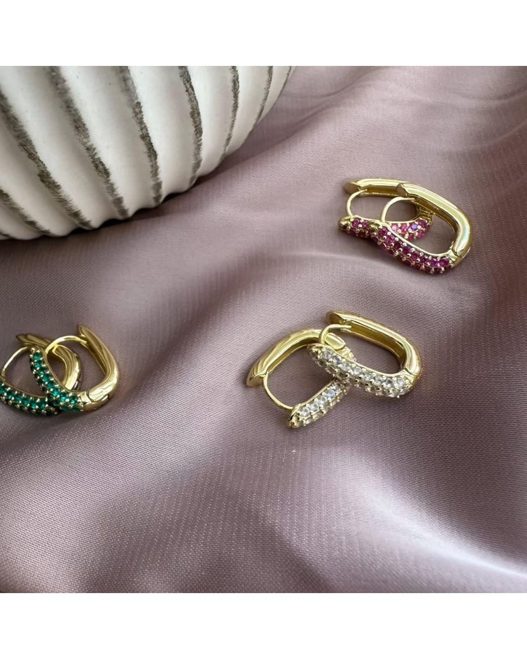 Clemence Wren Metallic Oval Pave Gemstone Huggie Earrings