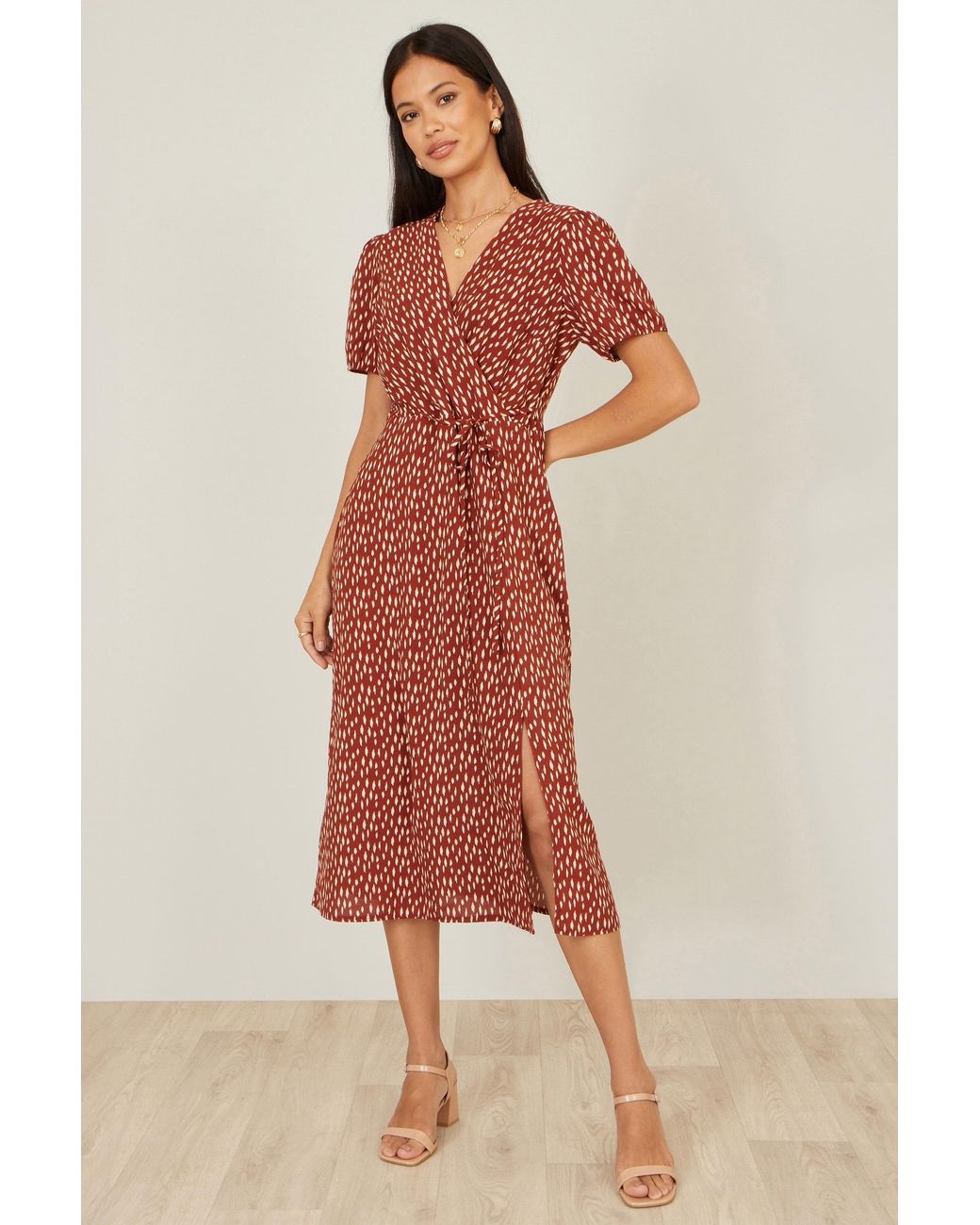 Yumi' Red Spot Wrap Midi Dress