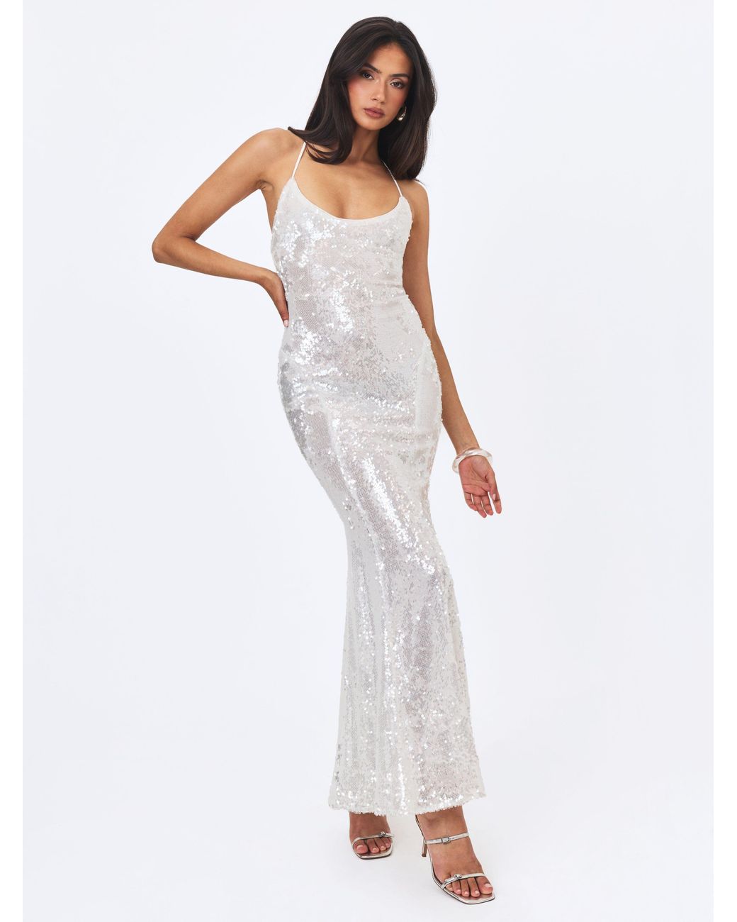 Miss Circle New York White Cameron Sequin Scoop Neck Mermaid Maxi Dress