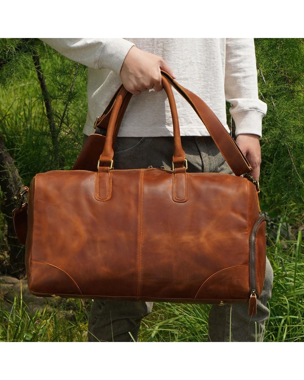 Touri Brown Genuine Leather Gym Bag With Shoe Storage