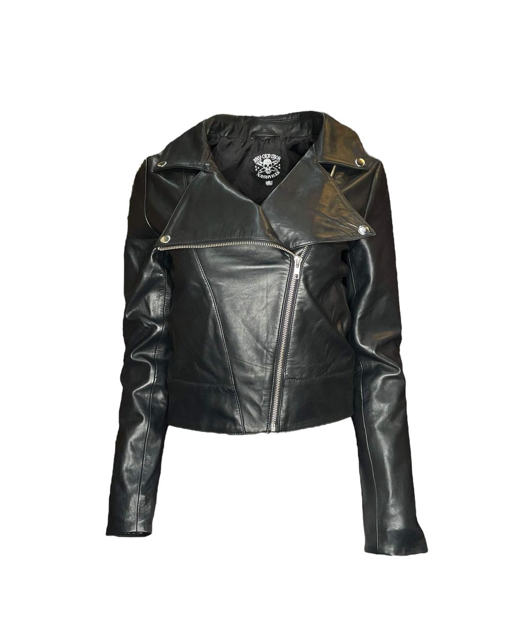Any Old Iron Black Embroidered Flower Skull Leather Moto Jacket