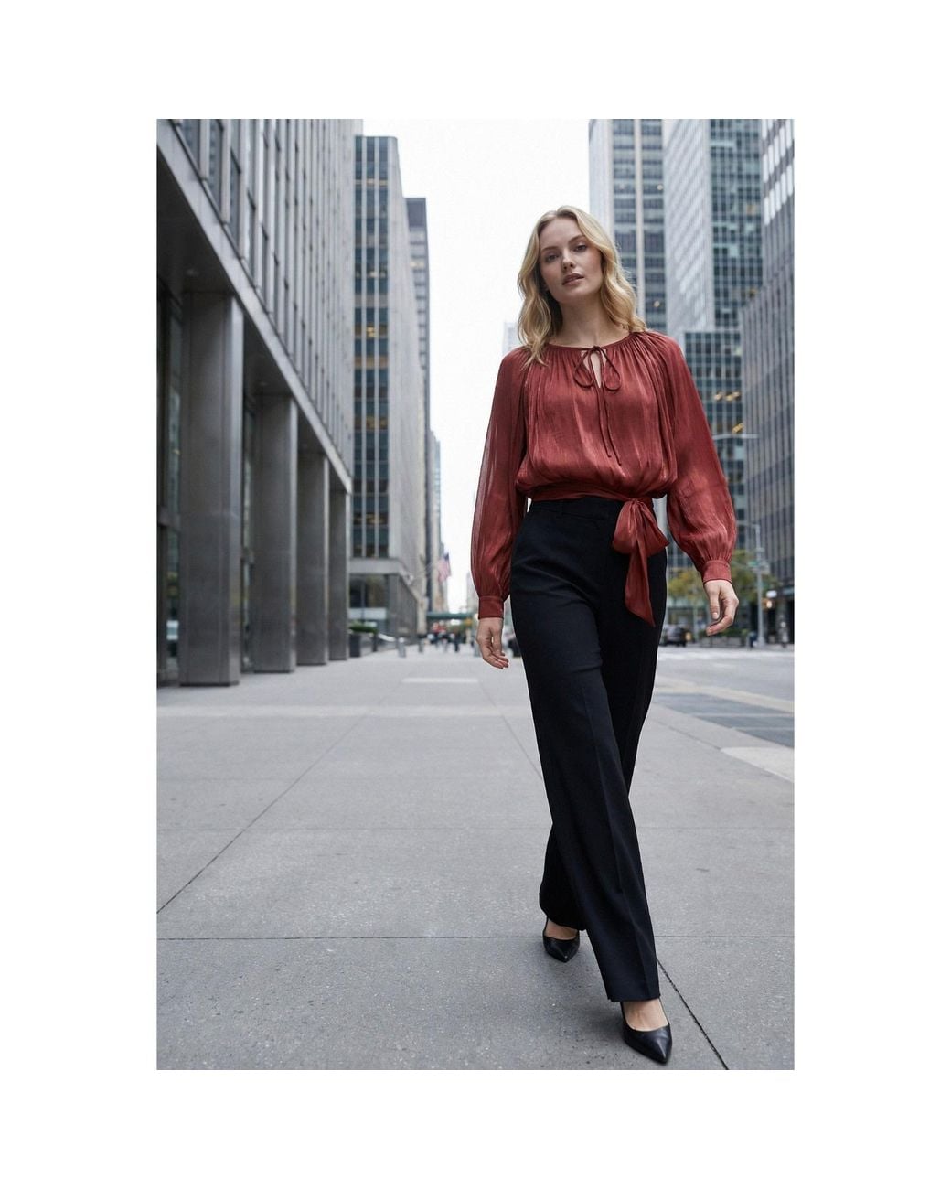 Modenaire Brown Gathered Tie-Neck Blouse With Blouson Silhouette And Waist Tie