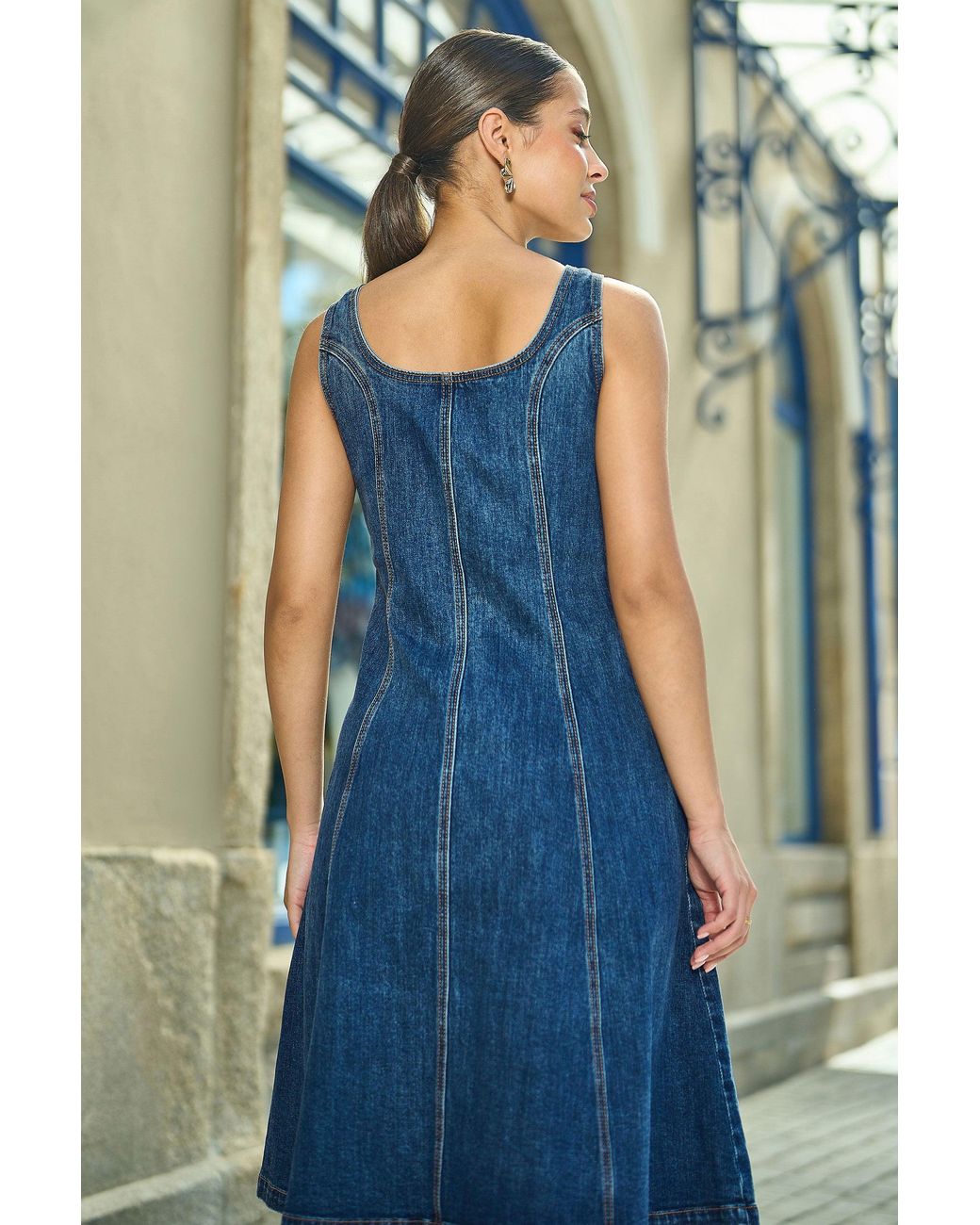 Yumi' Blue Stretch Denim Panel Fitted Dress
