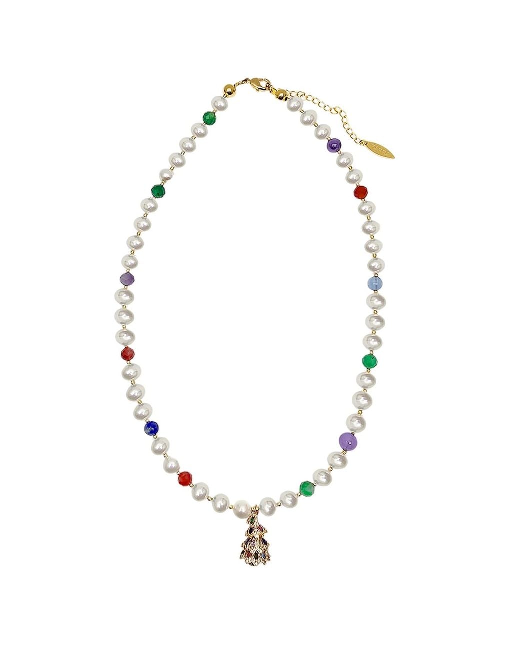 Farra Metallic Freshwater Pearl And Colorful Gemstone With Christmas Tree Pendant Necklace