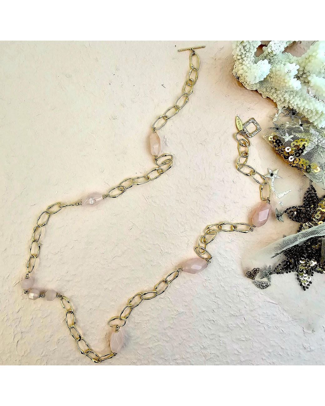 Farra Metallic Nugget Rose Quartz With Chain Long Necklace