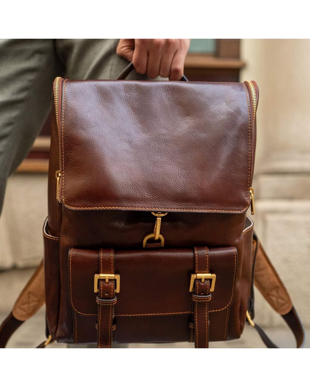 Time Resistance Brown Large Leather Backpack for men