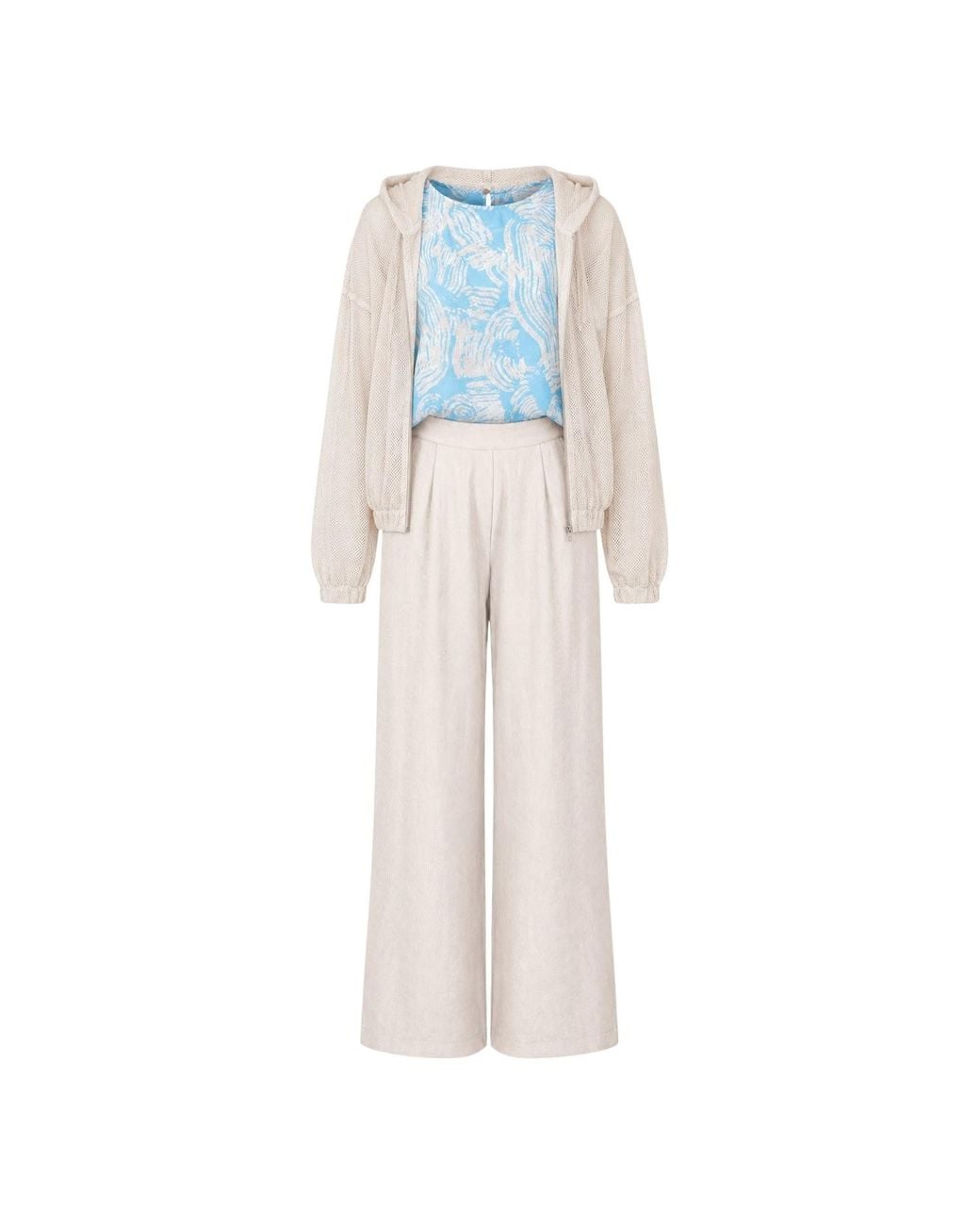 Oh!Zuza Blue Neutrals Print Top, Wide-Leg Trousers & Mesh Hoodie Set