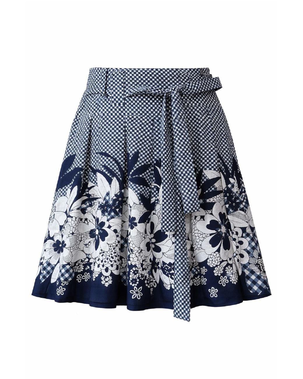 Conquista Blue Printed A-Line Skirt With Tie Waist