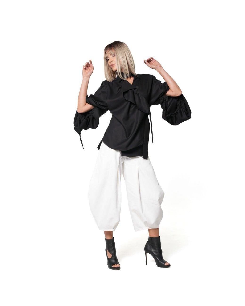 Metamorph Black Wool Wrap Blouse With Statement Sleeves