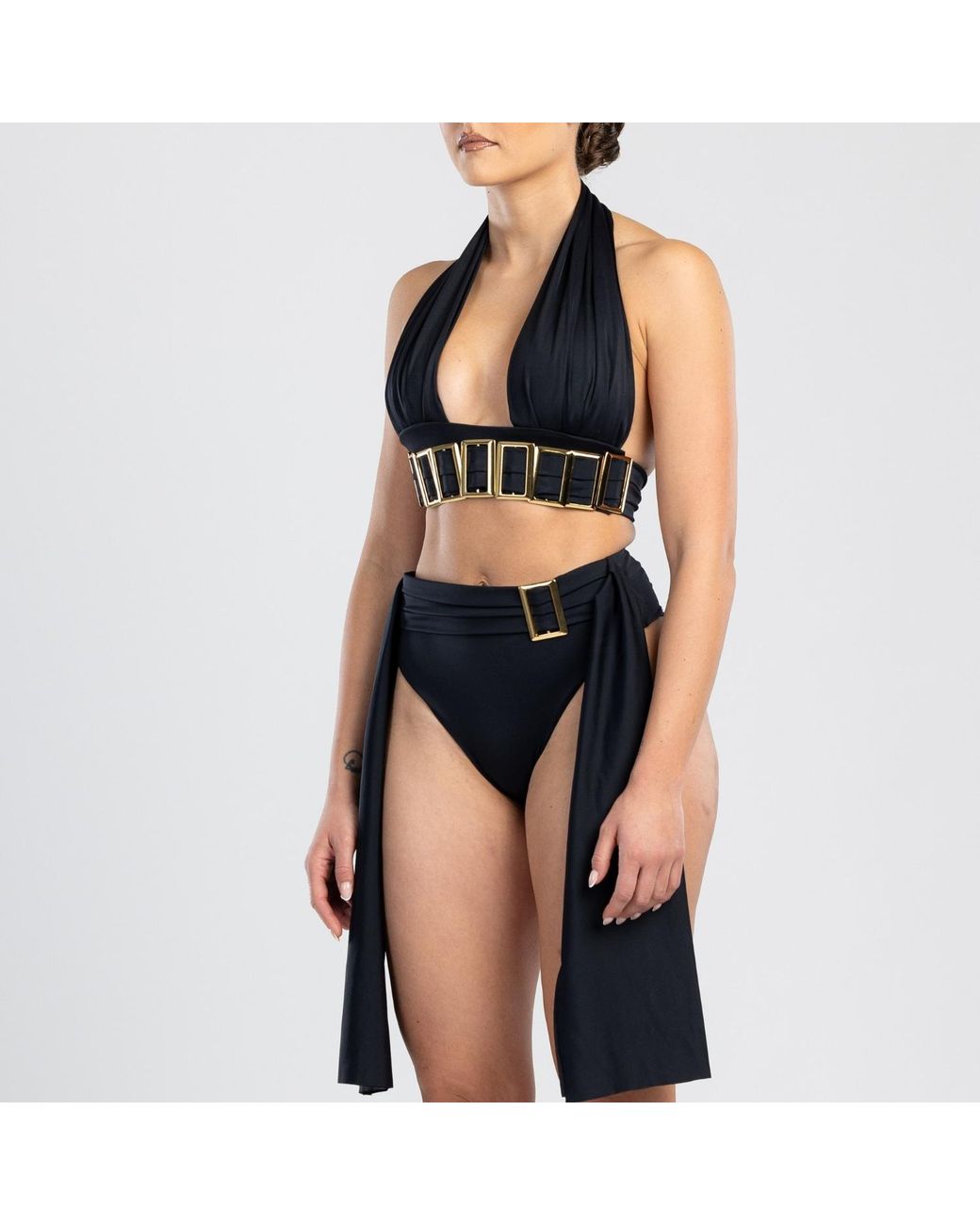 ANTONINIAS White Petisa Halter Neck Bikini Top With Golden Details