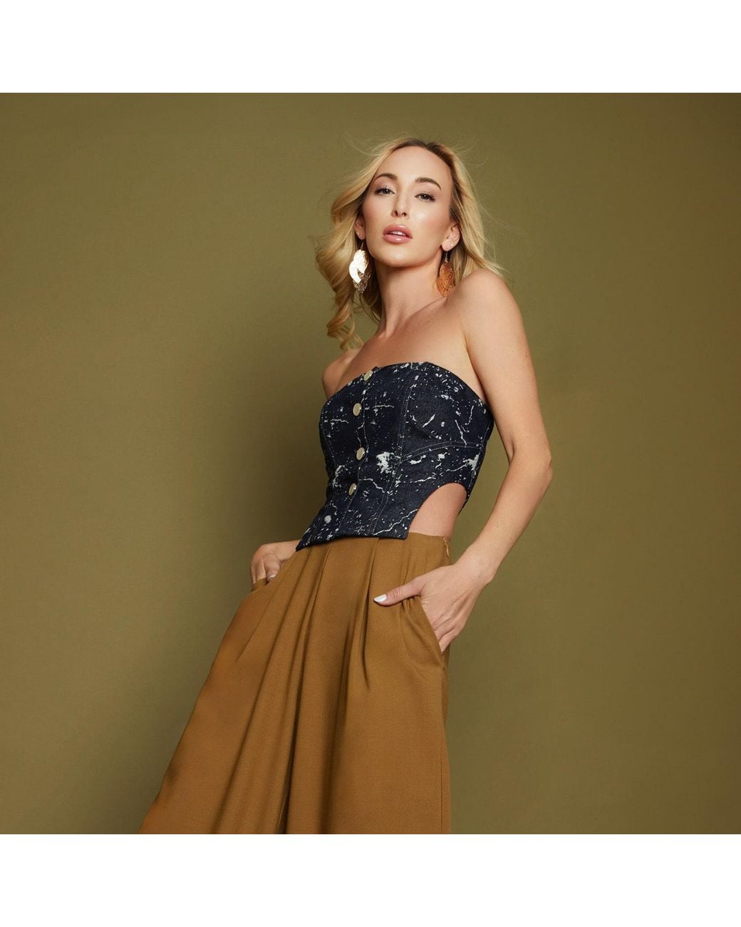 Solgo Atelier Blue Laura Embellished Denim Strapless Bustier With Stylized Cuts And Center Back Smocking Detail
