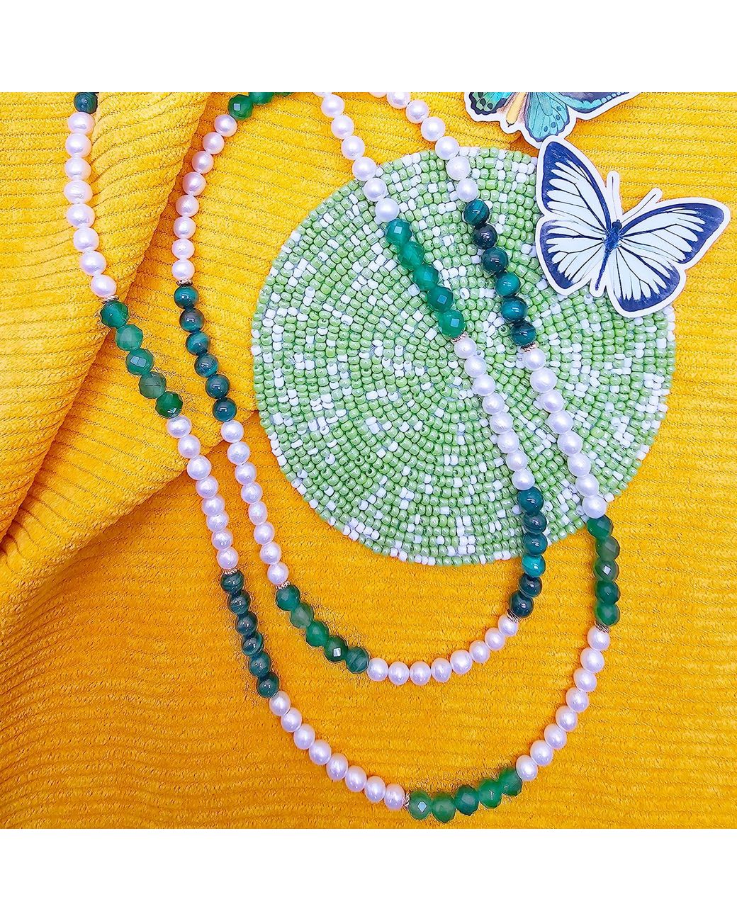Farra Green Freshwater Pearl With Malachite And Agate Long Necklace