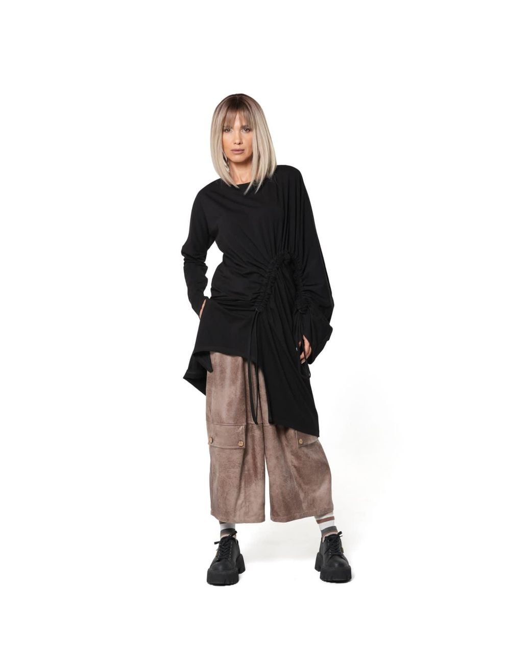 Metamorph Black Neutrals Asymmetric Cotton Tunic With Adjustable Drawstring Details