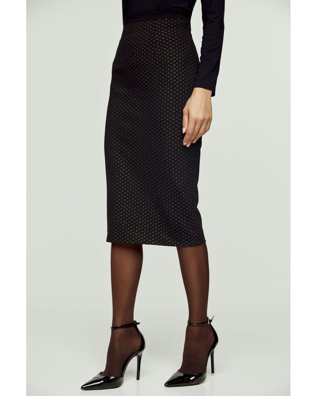 Conquista Black Print High Waist Pencil Skirt